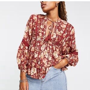 Band Of Gypsies Boho Floral Peasant Blouse Flowy Vintage-Inspired‎ Top Small NWT
